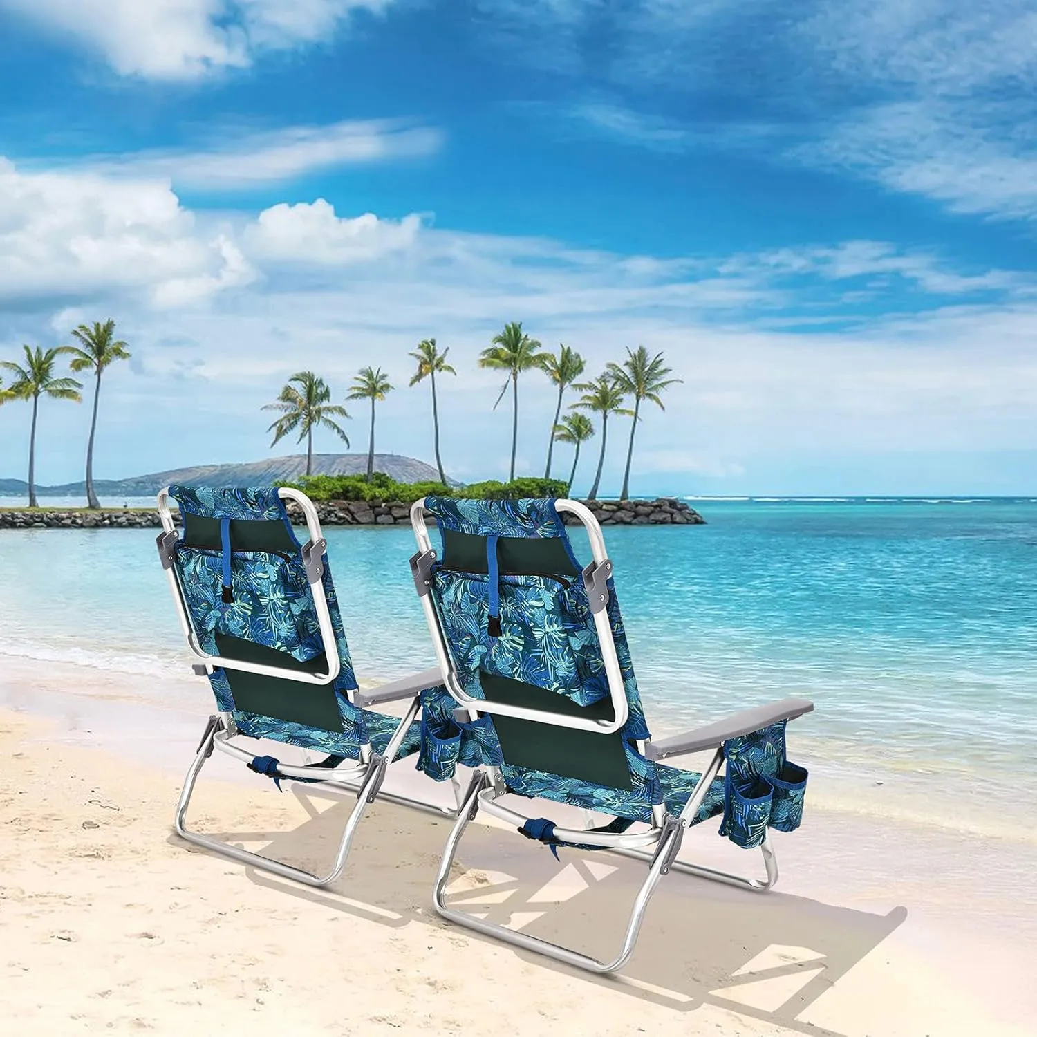 S AFSTAR Beach Chair Set of 2, Folding Camping Chairs, 5-Position Adjustable Chairs W/Ice Bag, Comfort Pillow, Cup Holder, Backpack Recline Beach Chairs for Sunbathing Fishing Travel (2, Navy Pattern)
