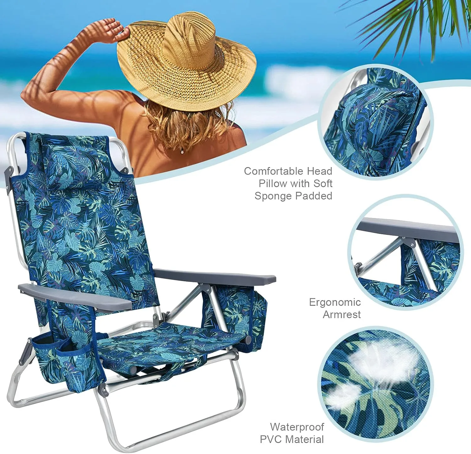 S AFSTAR Beach Chair Set of 2, Folding Camping Chairs, 5-Position Adjustable Chairs W/Ice Bag, Comfort Pillow, Cup Holder, Backpack Recline Beach Chairs for Sunbathing Fishing Travel (2, Navy Pattern)