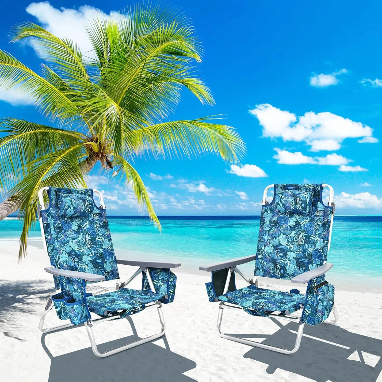 S AFSTAR Beach Chair Set of 2, Folding Camping Chairs, 5-Position Adjustable Chairs W/Ice Bag, Comfort Pillow, Cup Holder, Backpack Recline Beach Chairs for Sunbathing Fishing Travel (2, Navy Pattern)
