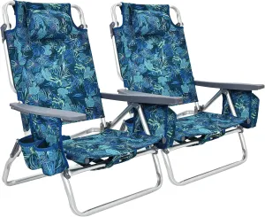 S AFSTAR Beach Chair Set of 2, Folding Camping Chairs, 5-Position Adjustable Chairs W/Ice Bag, Comfort Pillow, Cup Holder, Backpack Recline Beach Chairs for Sunbathing Fishing Travel (2, Navy Pattern)