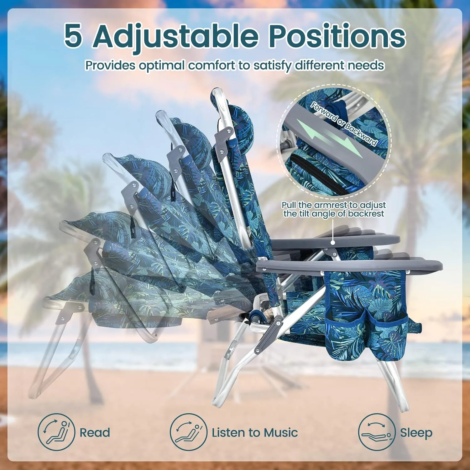 S AFSTAR Beach Chair Set of 2, Folding Camping Chairs, 5-Position Adjustable Chairs W/Ice Bag, Comfort Pillow, Cup Holder, Backpack Recline Beach Chairs for Sunbathing Fishing Travel (2, Navy Pattern)