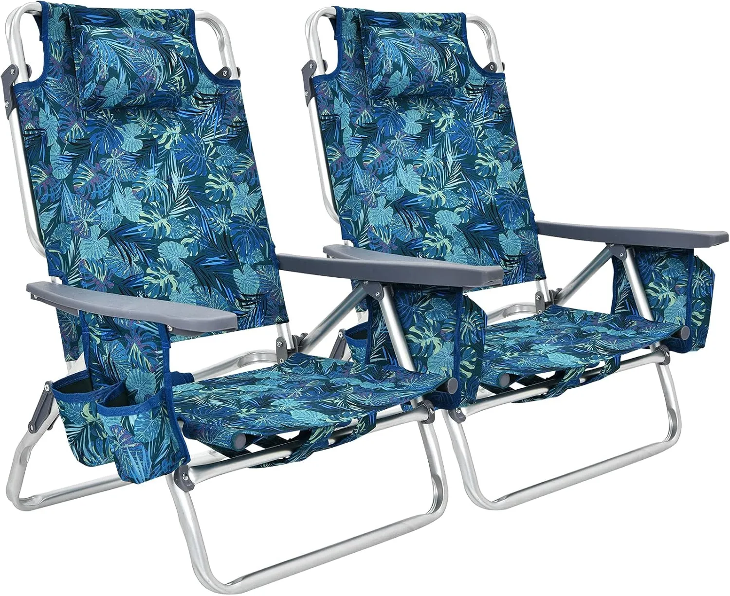 S AFSTAR Beach Chair Set of 2, Folding Camping Chairs, 5-Position Adjustable Chairs W/Ice Bag, Comfort Pillow, Cup Holder, Backpack Recline Beach Chairs for Sunbathing Fishing Travel (2, Navy Pattern)