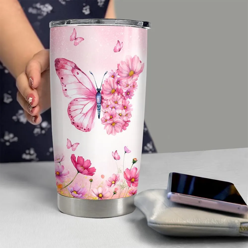 SANDJEST Butterfly Tumbler 20oz Butterfly Gifts for Women Girl Teen Stainless Steel Insulated Tumblers Coffee Travel Cup Mug Gift for Birthday Christmas