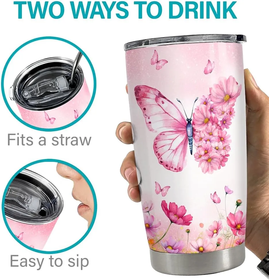 SANDJEST Butterfly Tumbler 20oz Butterfly Gifts for Women Girl Teen Stainless Steel Insulated Tumblers Coffee Travel Cup Mug Gift for Birthday Christmas