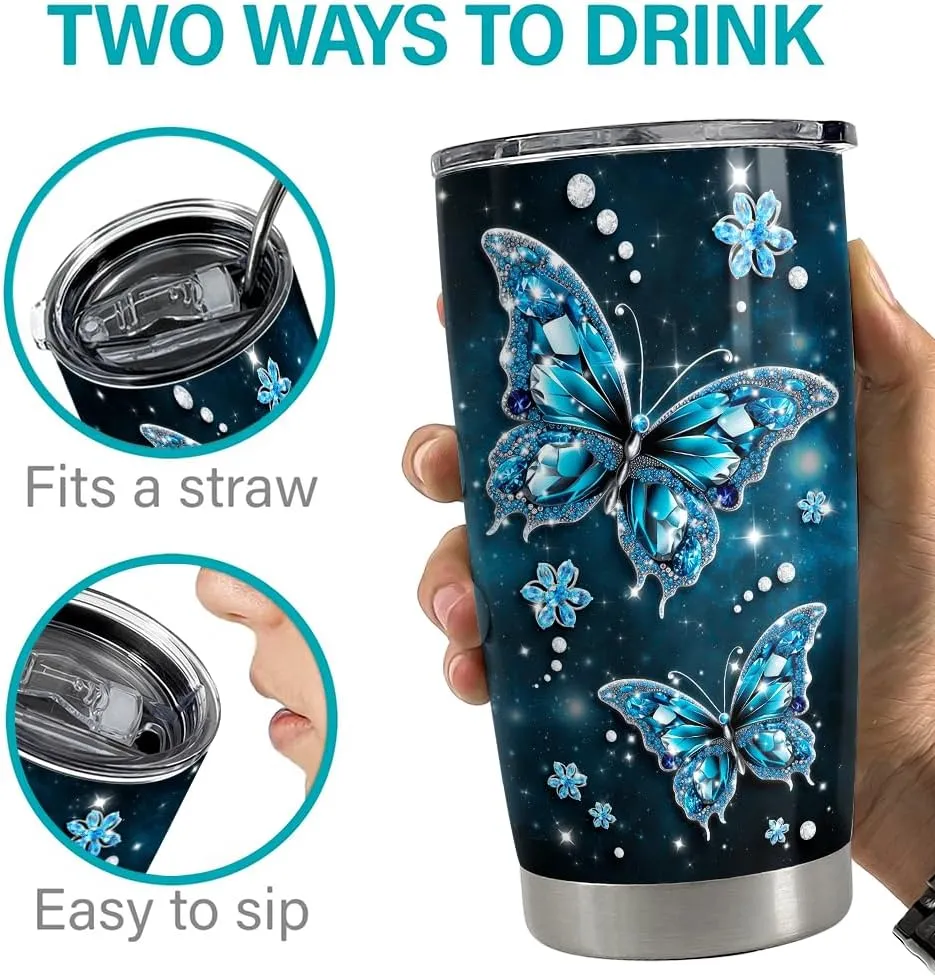 SANDJEST Butterfly Tumbler 20oz Stainless Steel Insulated Tumblers Coffee Travel Mug Cup Jewelry Drawings Style Butterfly Gifts for Women Girls Teen Gift for Birthday Christmas