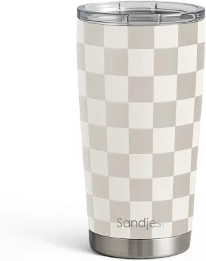SANDJEST Checkered Tumbler 20oz Stainless Steel Insulated, Checker Travel Coffee Cup, Bow Gifts for Women Girls Teen, Birthday Christmas (Beige)