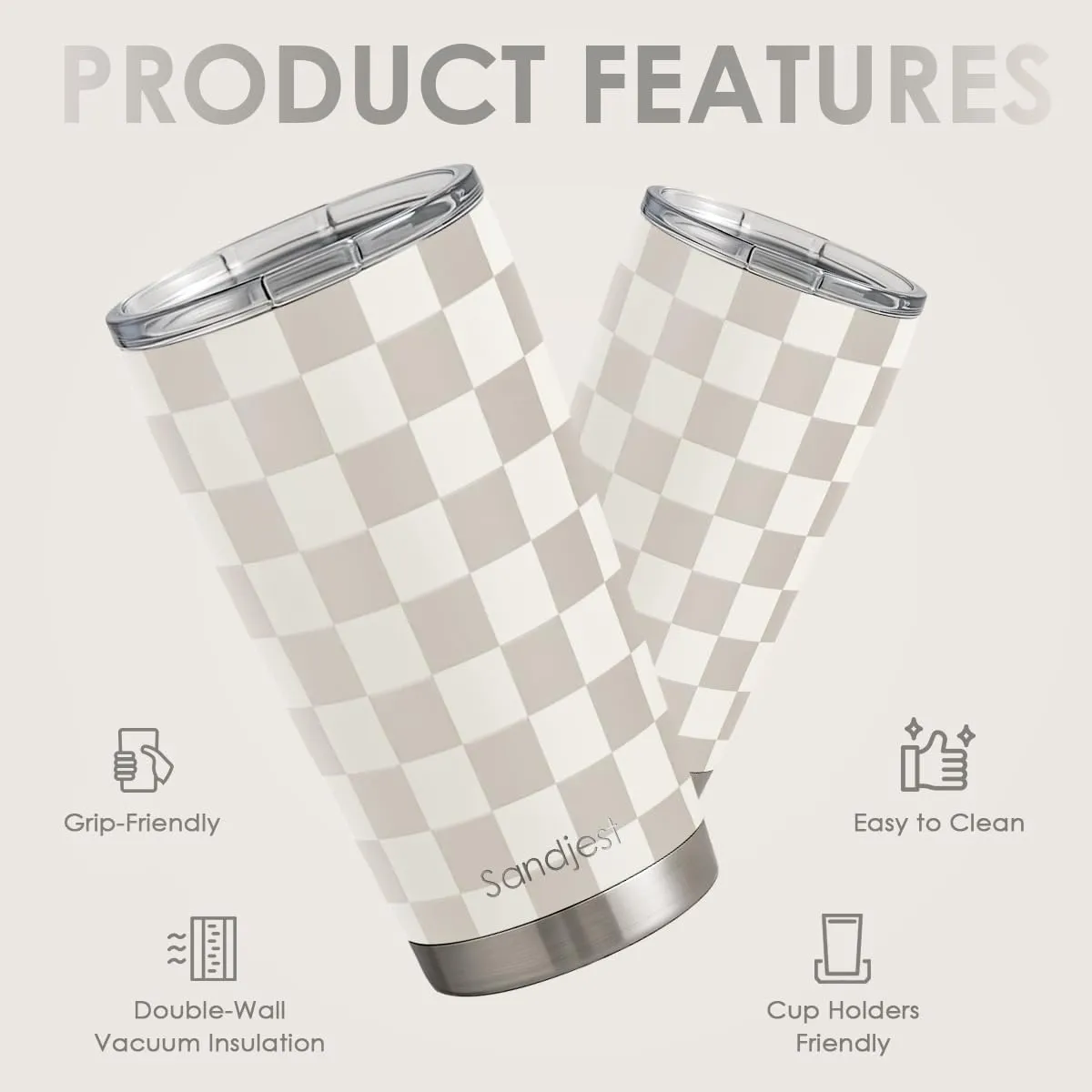 SANDJEST Checkered Tumbler 20oz Stainless Steel Insulated, Checker Travel Coffee Cup, Bow Gifts for Women Girls Teen, Birthday Christmas (Beige)