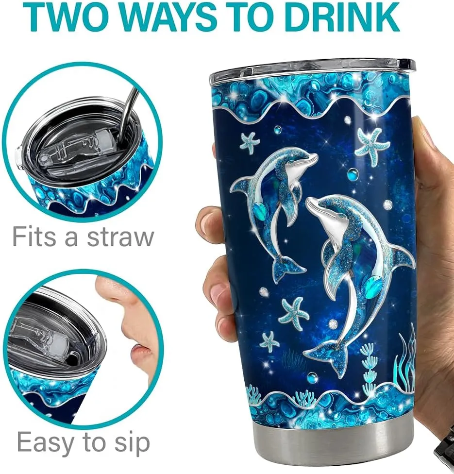 SANDJEST Dolphin Gifts for Women Girls Dolphin Tumbler 20oz Jewelry Drawings Stainless Steel Insulated Tumblers Coffee Travel Mug Cup Gift for Birthday Christmas