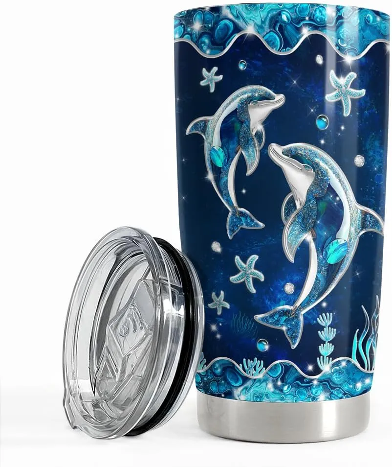 SANDJEST Dolphin Gifts for Women Girls Dolphin Tumbler 20oz Jewelry Drawings Stainless Steel Insulated Tumblers Coffee Travel Mug Cup Gift for Birthday Christmas