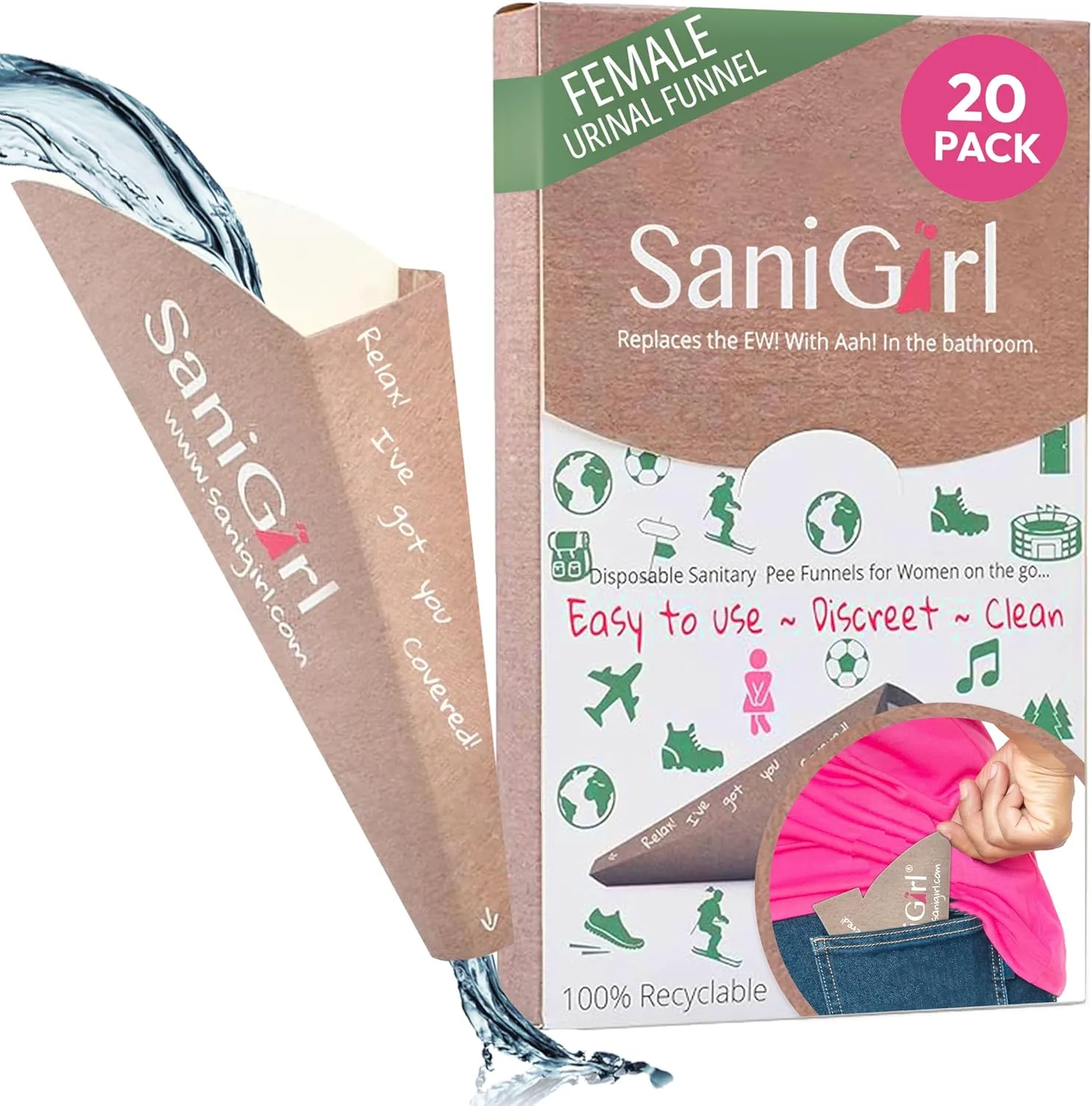 SaniGirl Pee Funnel for Women - Female Urinals for Women - Disposable Recyclable, Womens Pee Funnel for Travel & Camping Essentials, Leak-Proof Female Urination Device for Outdoors & Travel (20 Pack)