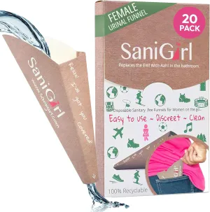 SaniGirl Pee Funnel for Women - Female Urinals for Women - Disposable Recyclable, Womens Pee Funnel for Travel & Camping Essentials, Leak-Proof Female Urination Device for Outdoors & Travel (20 Pack)