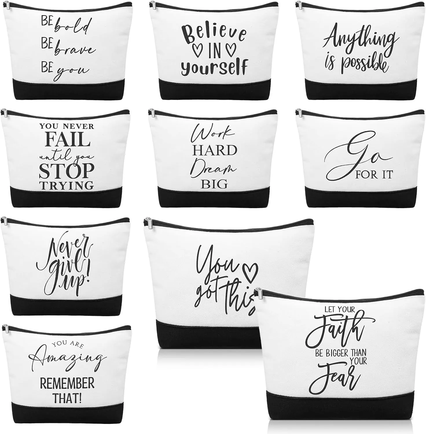 Sanwuta 10pcs Inspirational Gifts for Women Make up Bags Cosmetic Bags Employee Appreciation Black White Cosmetic Pouch with Zipper Graduate CNA Gift (Classic)
