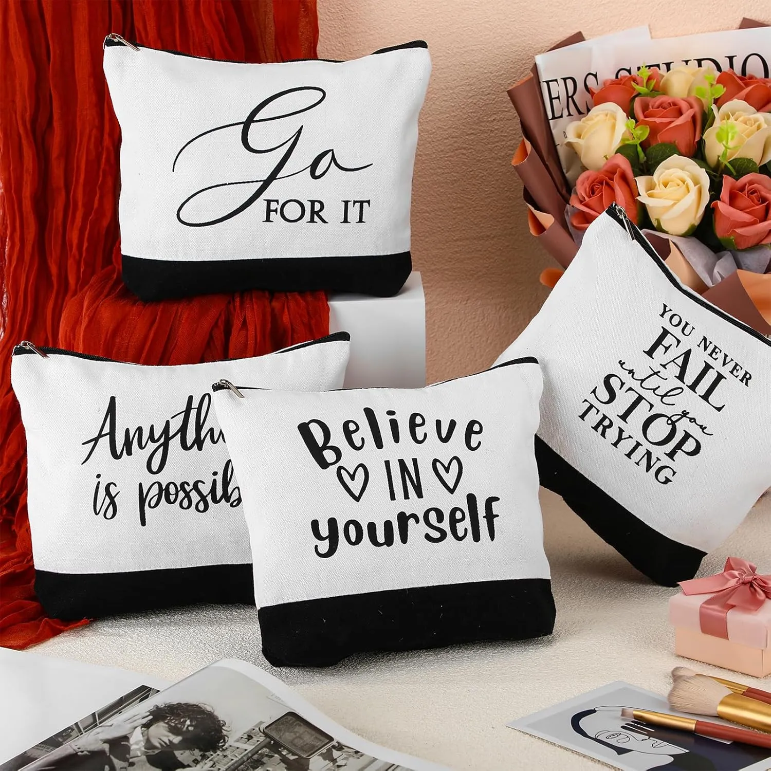 Sanwuta 10pcs Inspirational Gifts for Women Make up Bags Cosmetic Bags Employee Appreciation Black White Cosmetic Pouch with Zipper Graduate CNA Gift (Classic)