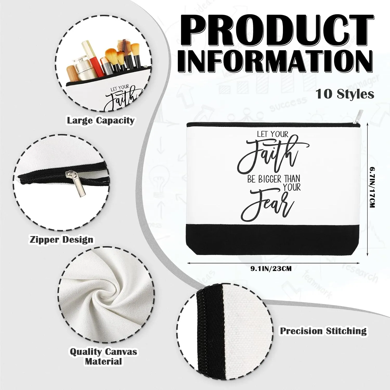 Sanwuta 10pcs Inspirational Gifts for Women Make up Bags Cosmetic Bags Employee Appreciation Black White Cosmetic Pouch with Zipper Graduate CNA Gift (Classic)