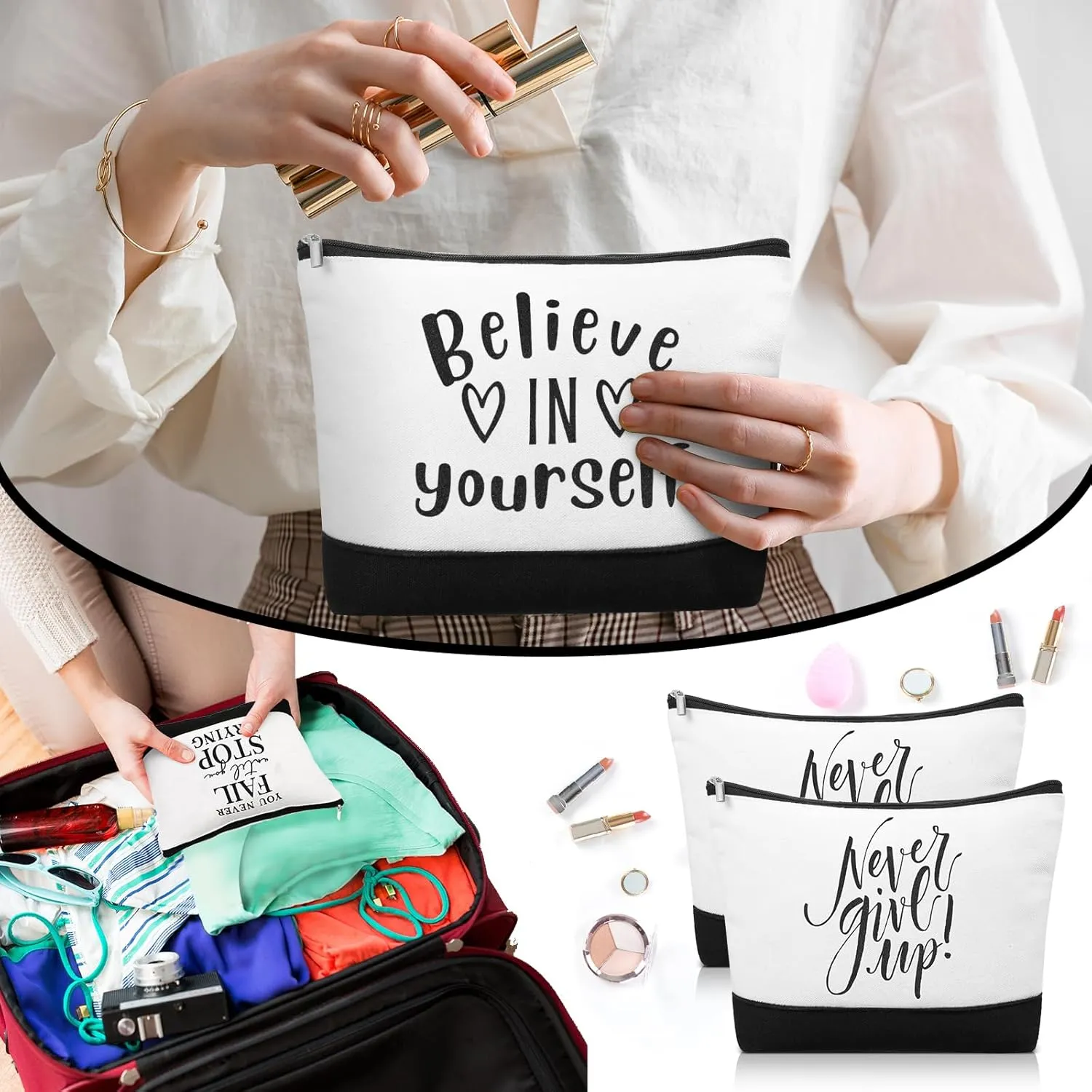 Sanwuta 10pcs Inspirational Gifts for Women Make up Bags Cosmetic Bags Employee Appreciation Black White Cosmetic Pouch with Zipper Graduate CNA Gift (Classic)