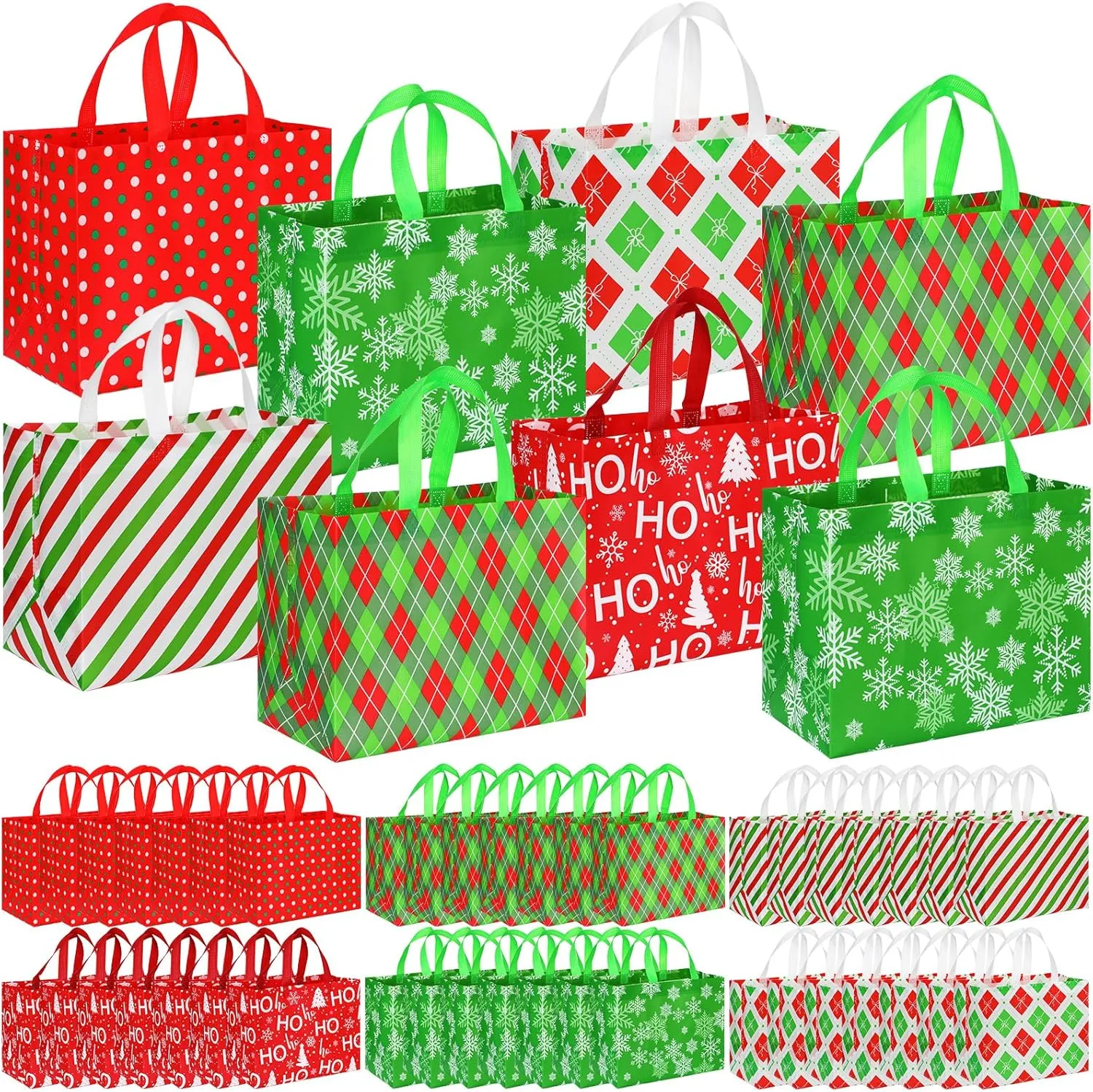 Sanwuta Christmas Bags for Gifts Large Tote Treat with Handles Reusable Non Woven Xmas Grocery for Wrapping Shopping Event Party 12.8 x 9.8 x 6.7 in(48 Pcs)