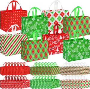 Sanwuta Christmas Bags for Gifts Large Tote Treat with Handles Reusable Non Woven Xmas Grocery for Wrapping Shopping Event Party 12.8 x 9.8 x 6.7 in(48 Pcs)