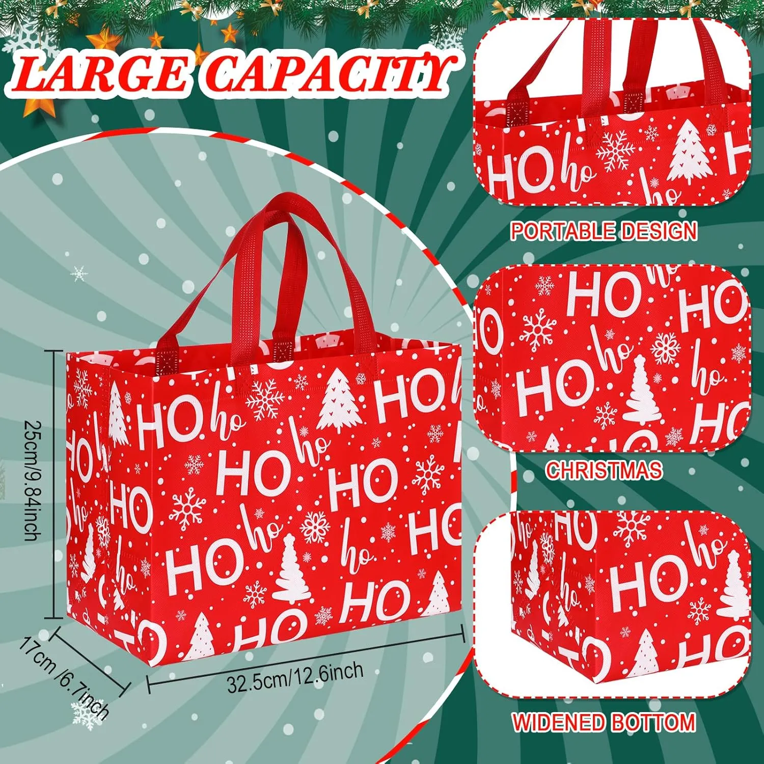 Sanwuta Christmas Bags for Gifts Large Tote Treat with Handles Reusable Non Woven Xmas Grocery for Wrapping Shopping Event Party 12.8 x 9.8 x 6.7 in(48 Pcs)