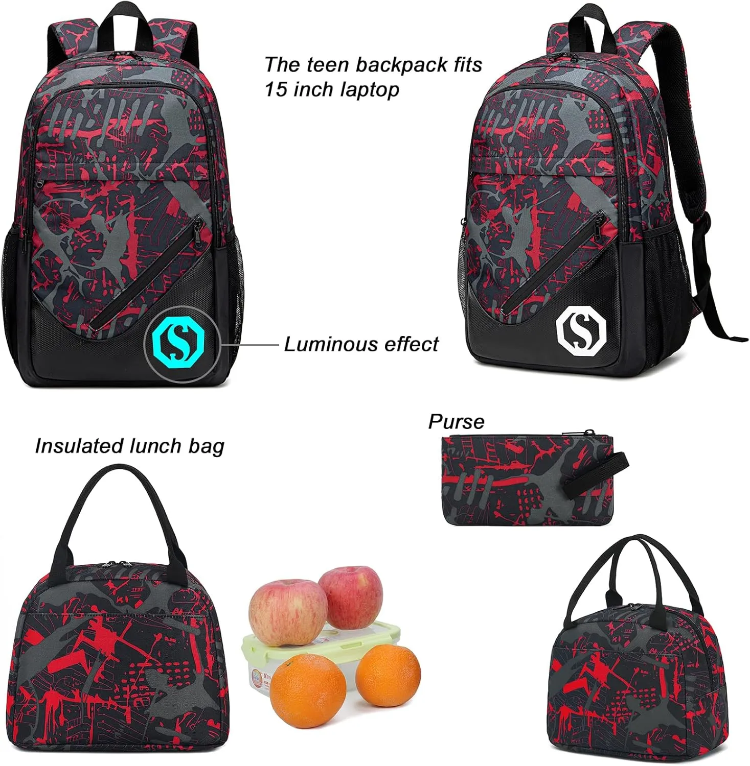 School Backpacks for Boys Girls Bookbag Upgrade Teens Backpack Set with Lunch Tote Bag and Pencil Case (Red 1)