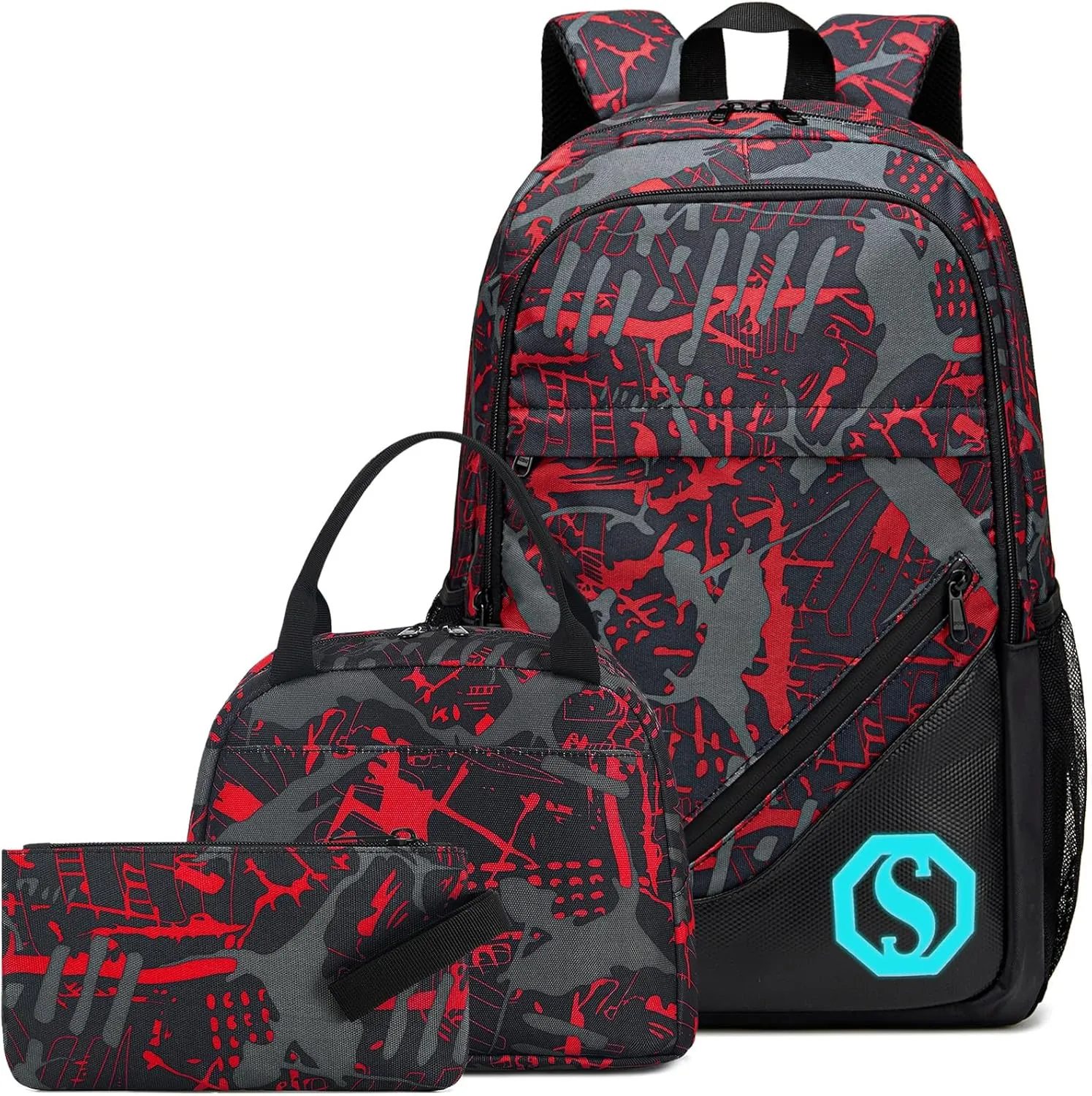 School Backpacks for Boys Girls Bookbag Upgrade Teens Backpack Set with Lunch Tote Bag and Pencil Case (Red 1)