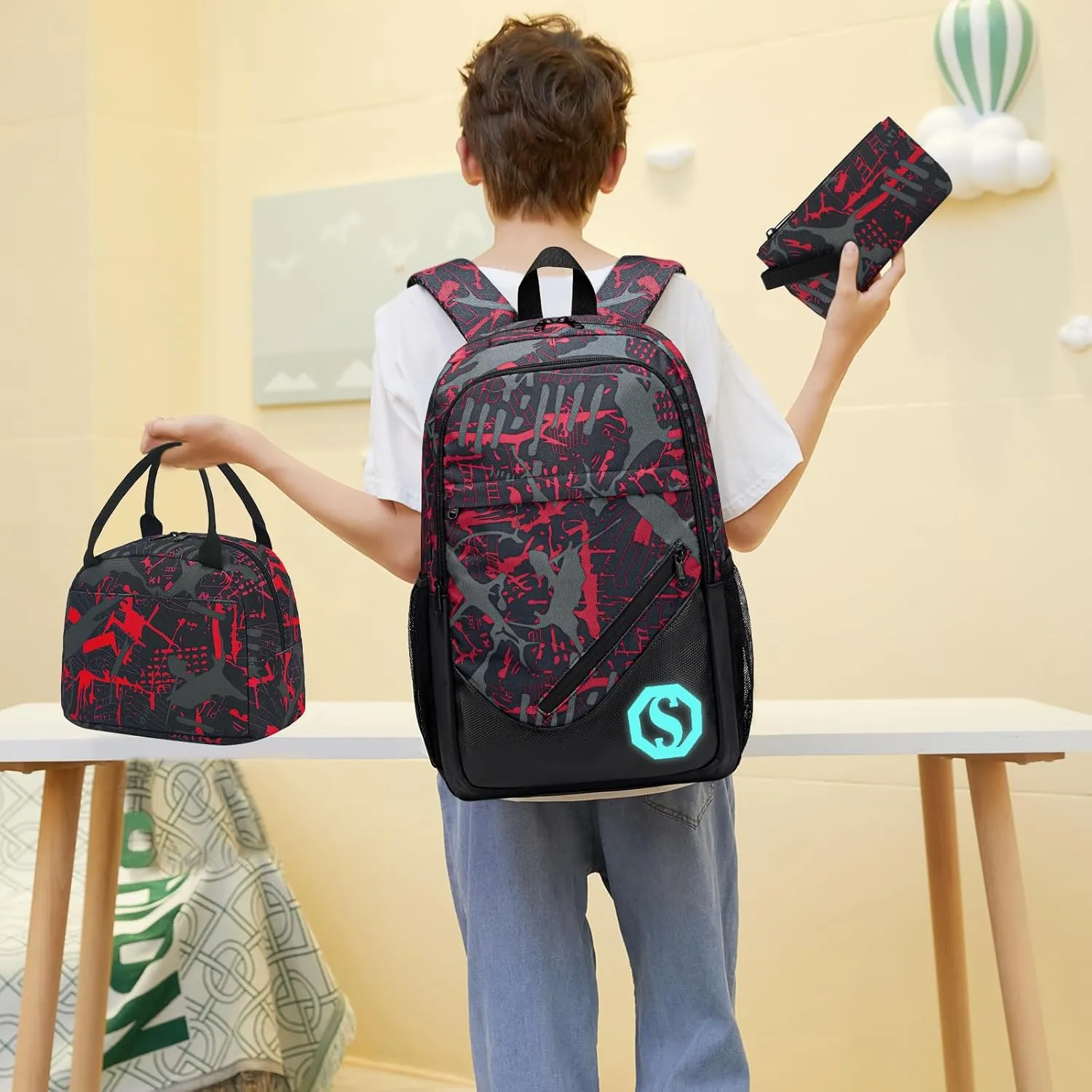 School Backpacks for Boys Girls Bookbag Upgrade Teens Backpack Set with Lunch Tote Bag and Pencil Case (Red 1)