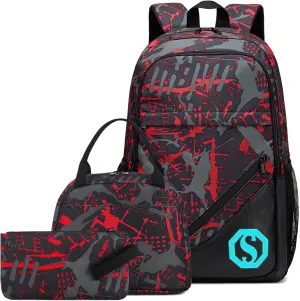 School Backpacks for Boys Girls Bookbag Upgrade Teens Backpack Set with Lunch Tote Bag and Pencil Case (Red 1)