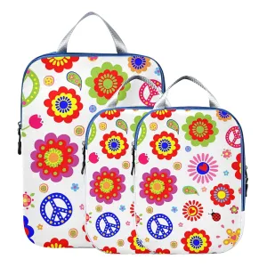 Seamless Colorful Hippie Color Peace Love Flowers on White 3 Set Packing Cubes, Waterproof Check Oxford cloth Organizers, Travel Packing Toiletry Storage Bag