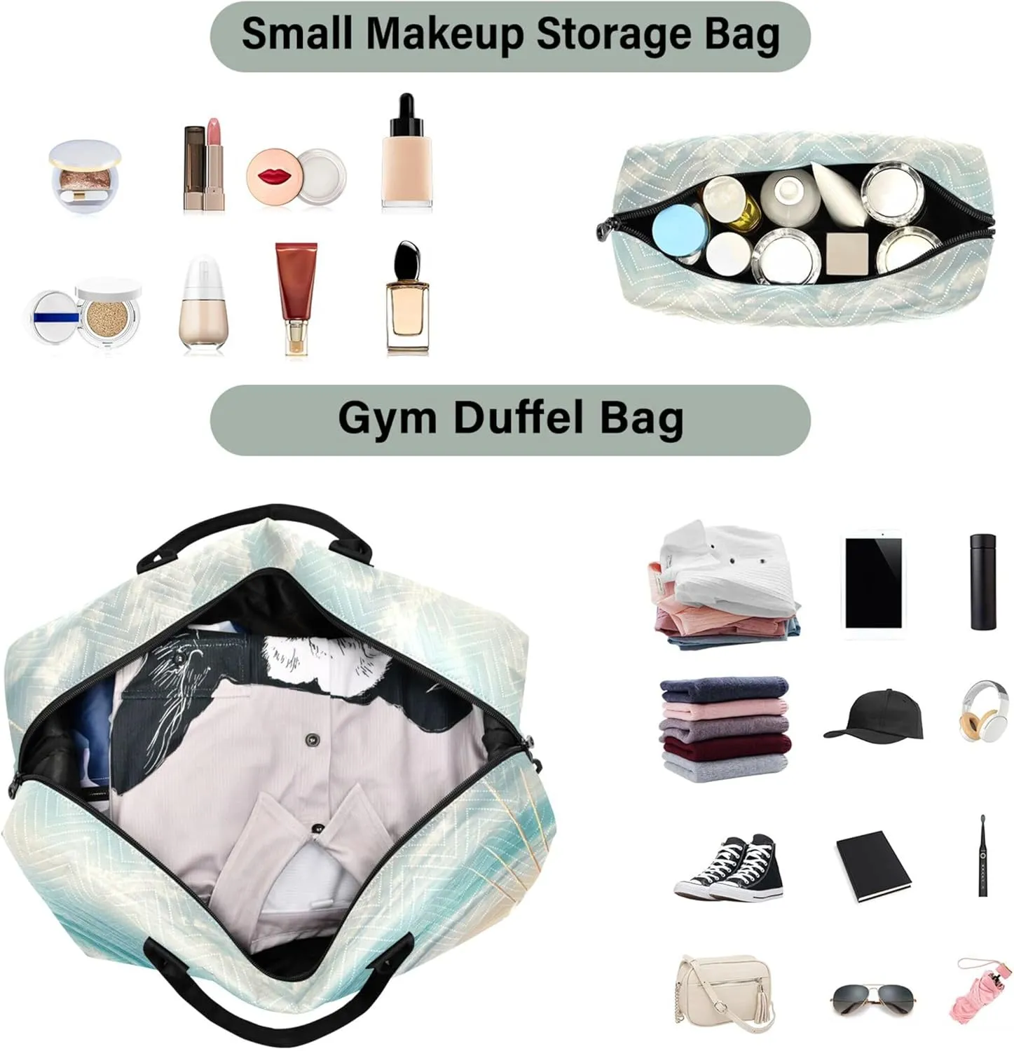 Seaside Seashell Starfish Beach Duffle Bag Travel Cosmetic Pouch Set of 2, Modern Womens Gym Bag Small Duffle Carry on Bag