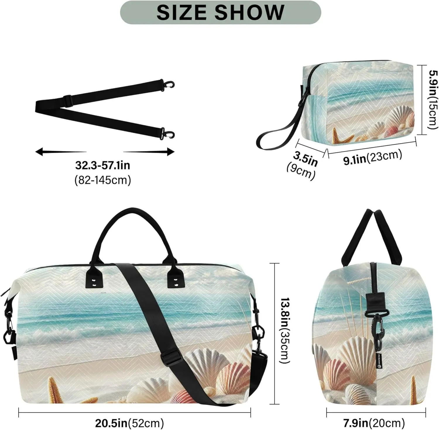 Seaside Seashell Starfish Beach Duffle Bag Travel Cosmetic Pouch Set of 2, Modern Womens Gym Bag Small Duffle Carry on Bag