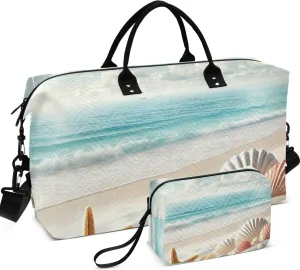 Seaside Seashell Starfish Beach Duffle Bag Travel Cosmetic Pouch Set of 2, Modern Womens Gym Bag Small Duffle Carry on Bag