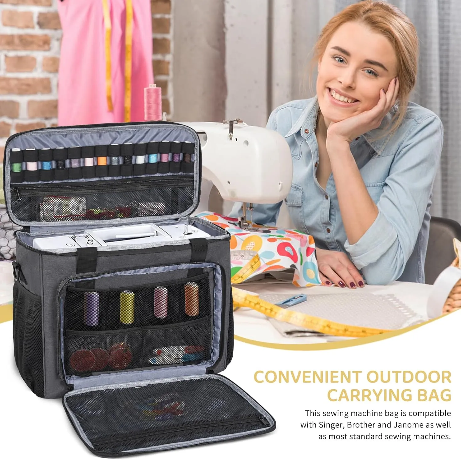 Sewing Machine Carrying Case with Multiple Storage Pockets for Accessories, Universal Tote Storage Bag
