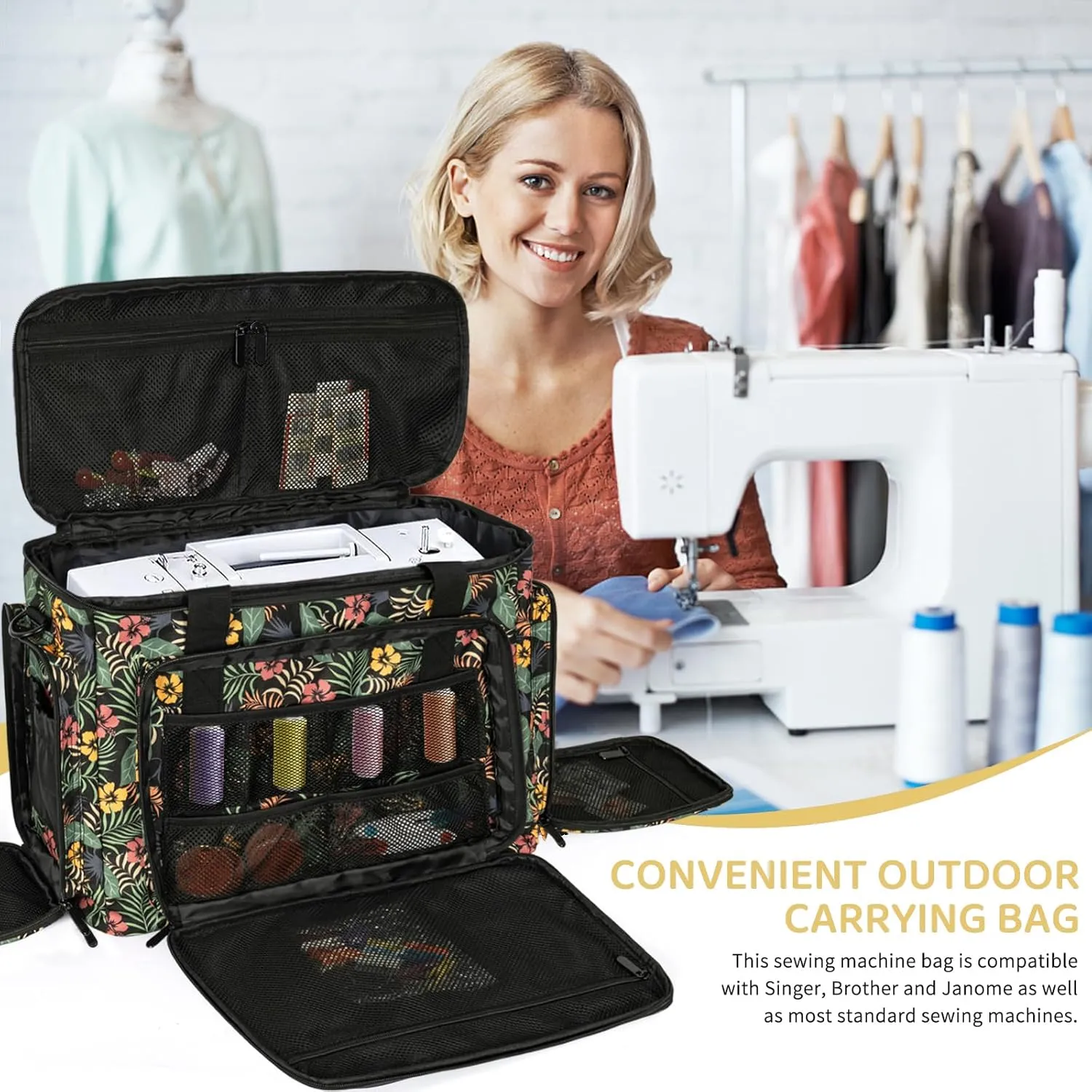 Sewing Machine Carrying Case with Multiple Storage Pockets for Accessories, Universal Tote Storage Bag