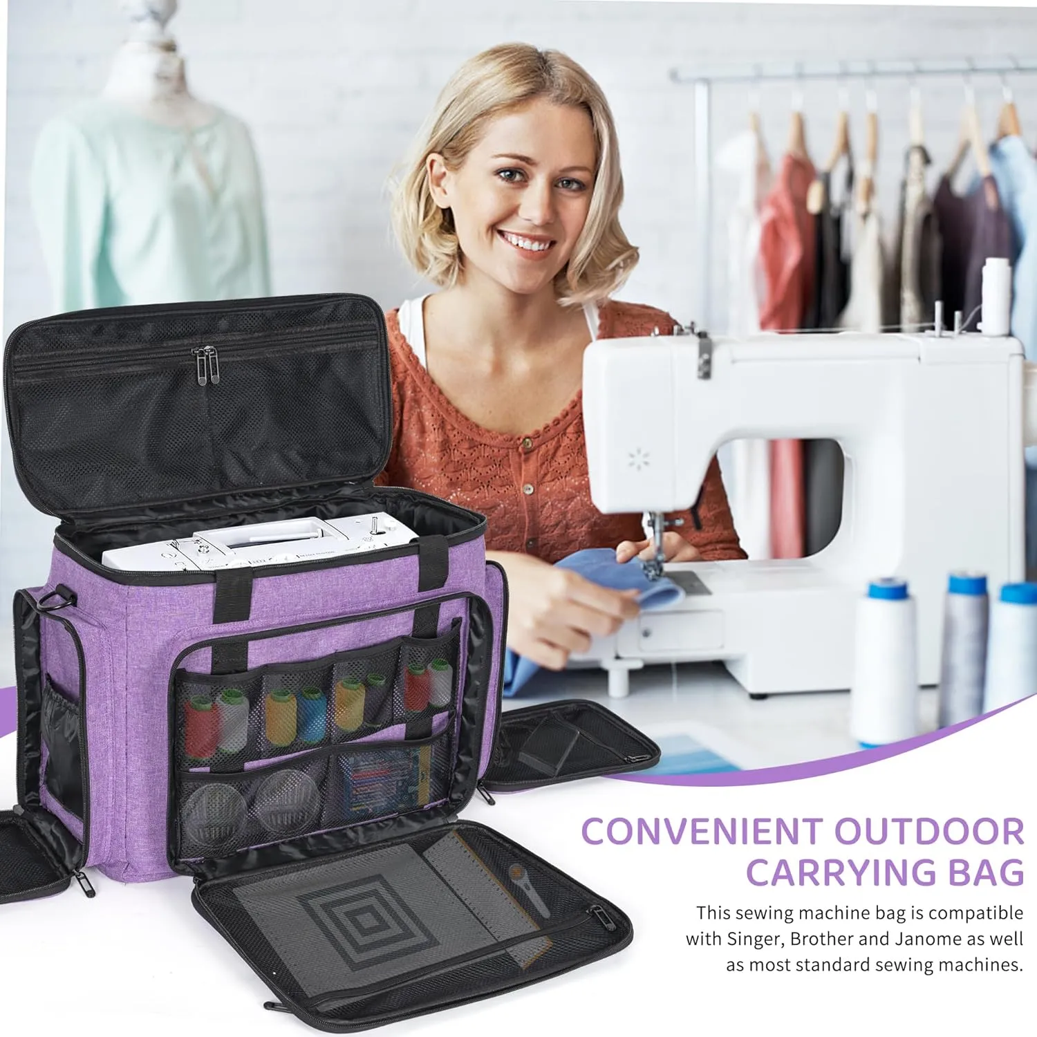 Sewing Machine Carrying Case with Multiple Storage Pockets for Accessories, Universal Tote Storage Bag