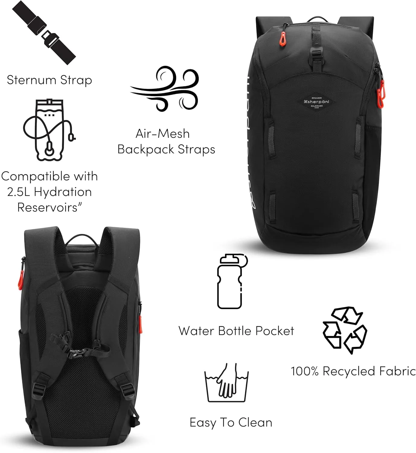 Sherpani Switch, 15L Lightweight Travel Hiking Backpack, Hydration Backpack, Backpack Purse for Women, Daypack for Women, Fits 13 Inch Laptop (Raven)