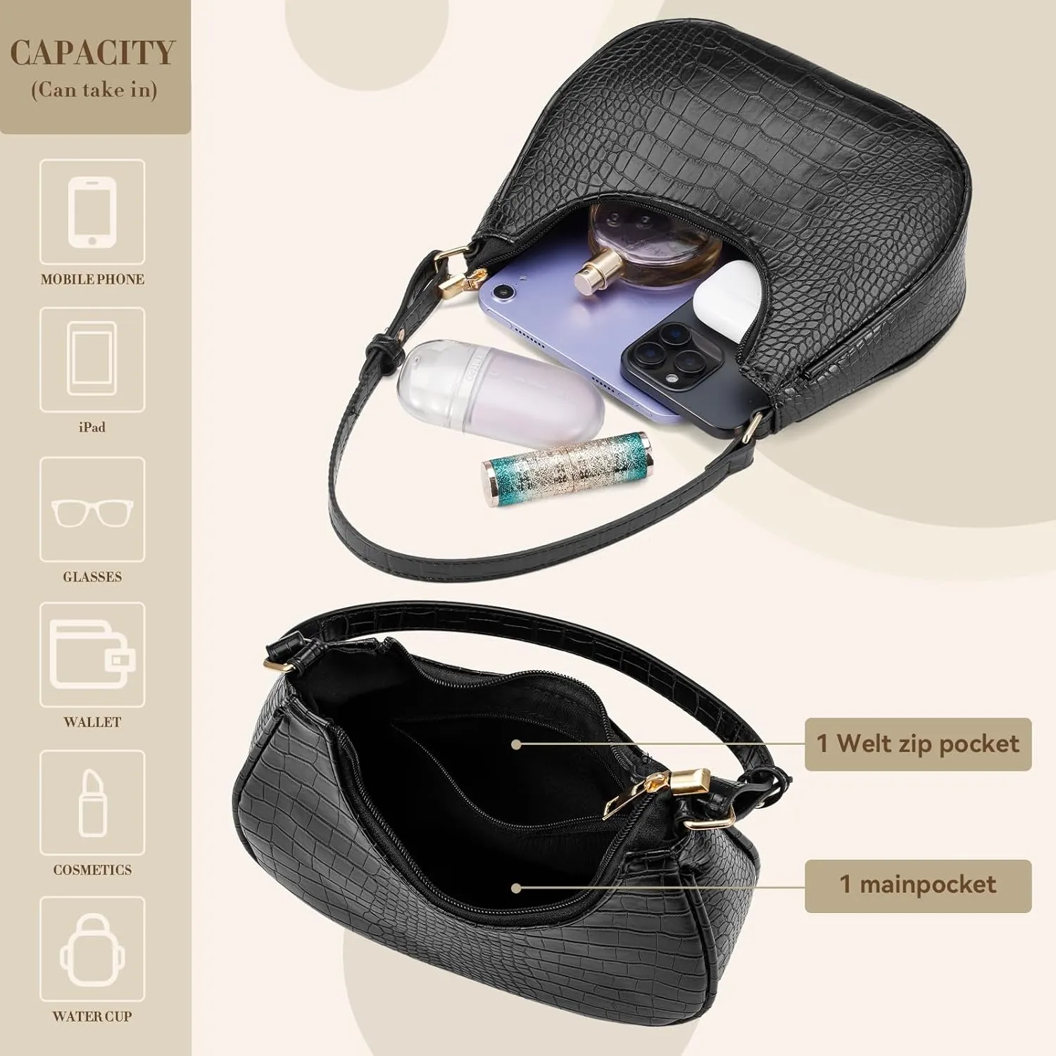 Shoulder Bags for Women,Classic Cute Hobo Tote Handbag Mini Clutch Purse with Zipper Closure