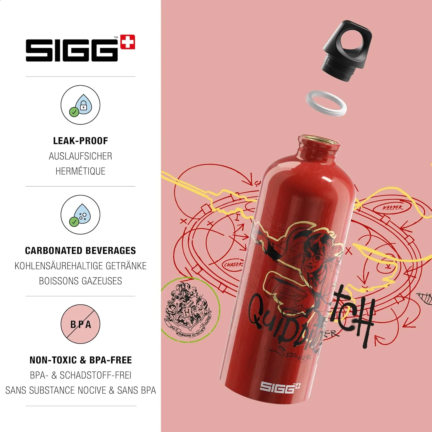 Sigg - Aluminium Water Bottle - Traveller Quidditch - Climate Neutral Certified - Suitable For Carbonated Beverages - Leakproof - Lightweight - BPA Free - Red - 1L