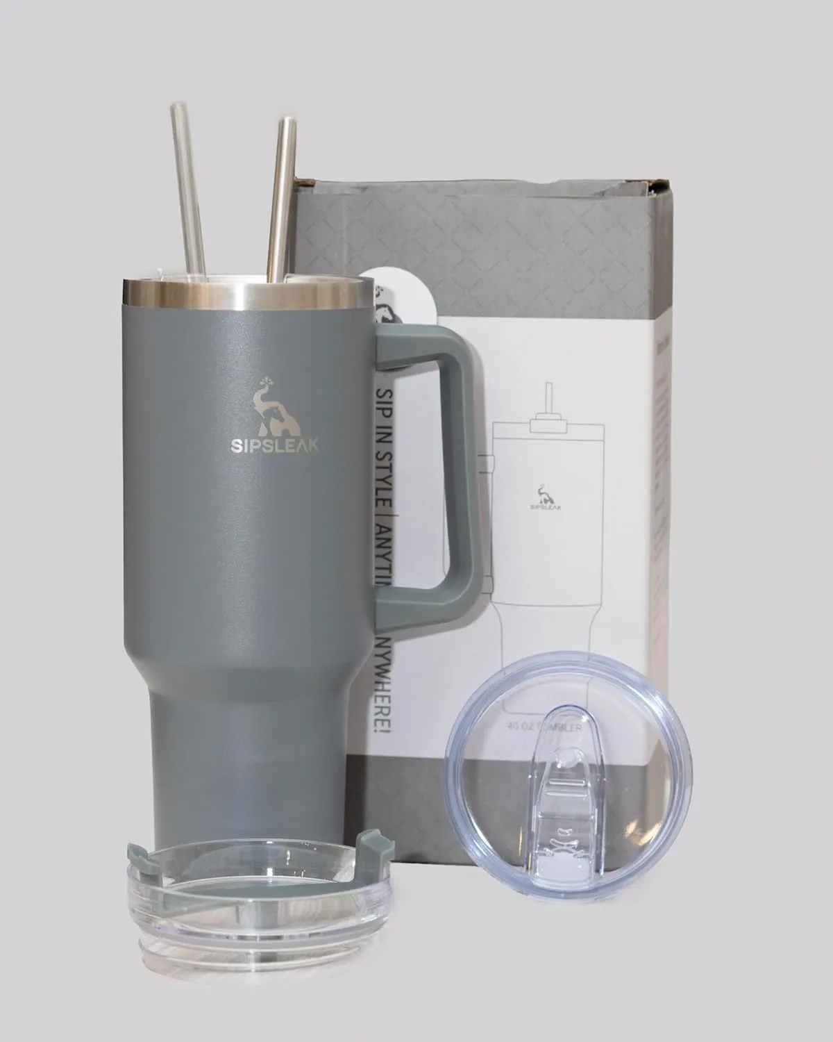 SIPSLEAK 40 Oz Tumbler with Handle and Straw – Stainless Steel Insulated Tumblers with 2 Lids, 2 Straws, Straw Brush – Portable and Reusable Coffee Tumbler Travel Coffee Mug Keeps Hot and Cold