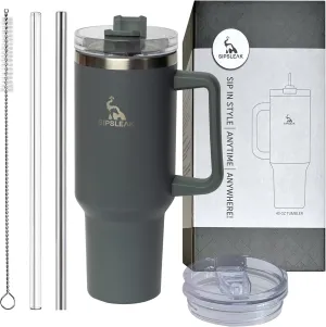 SIPSLEAK 40 Oz Tumbler with Handle and Straw – Stainless Steel Insulated Tumblers with 2 Lids, 2 Straws, Straw Brush – Portable and Reusable Coffee Tumbler Travel Coffee Mug Keeps Hot and Cold