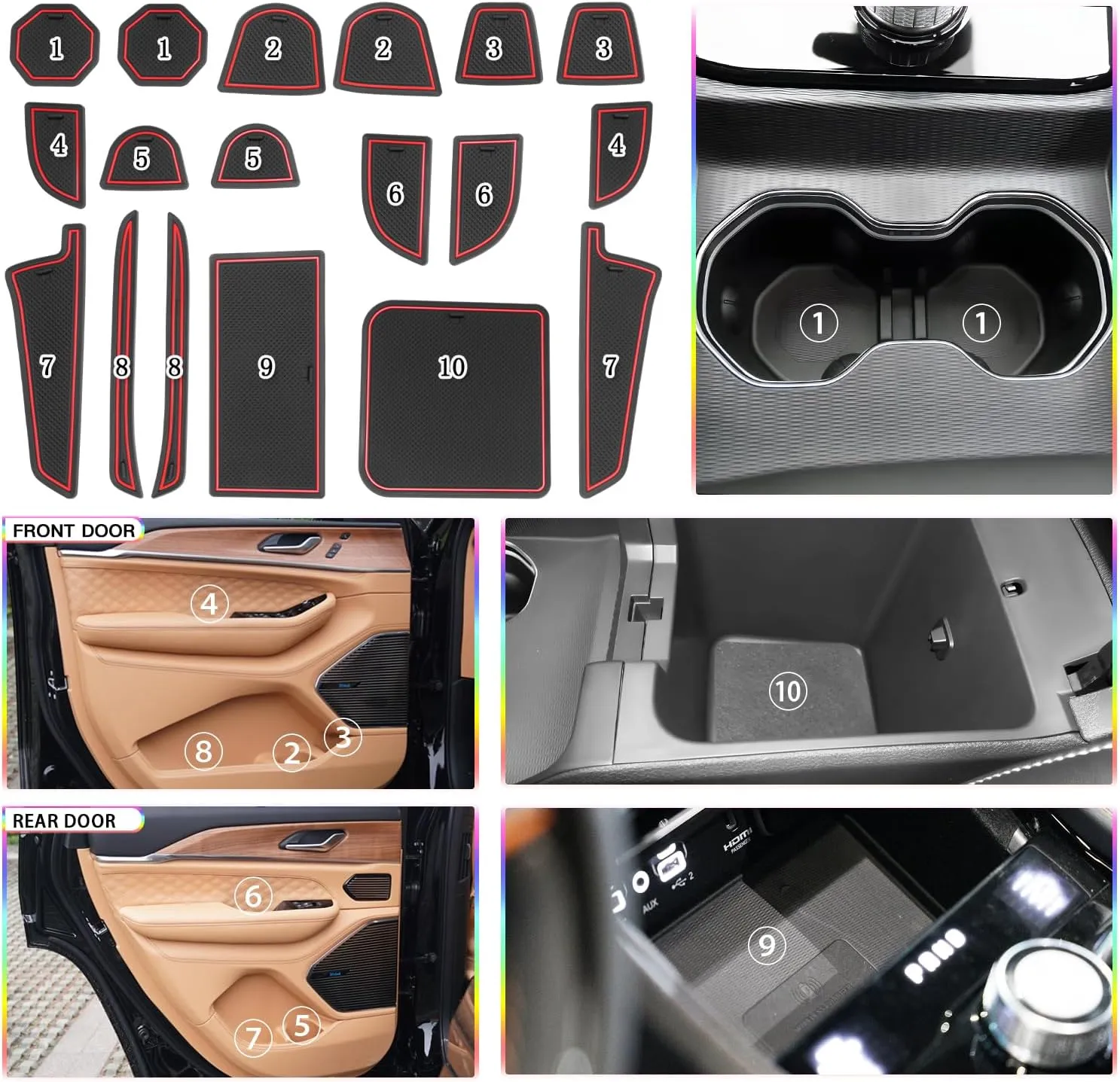 SKTU Door Slot Mat for 2022 2023 2024 2025 Jeep Grand Cherokee L Summit 4x4 Door Groove Gate Pad 18Pcs Fit 2022-2025 Grand Cherokee Accessories Door Compartment Cup Center Console Liners (2-Row Red)