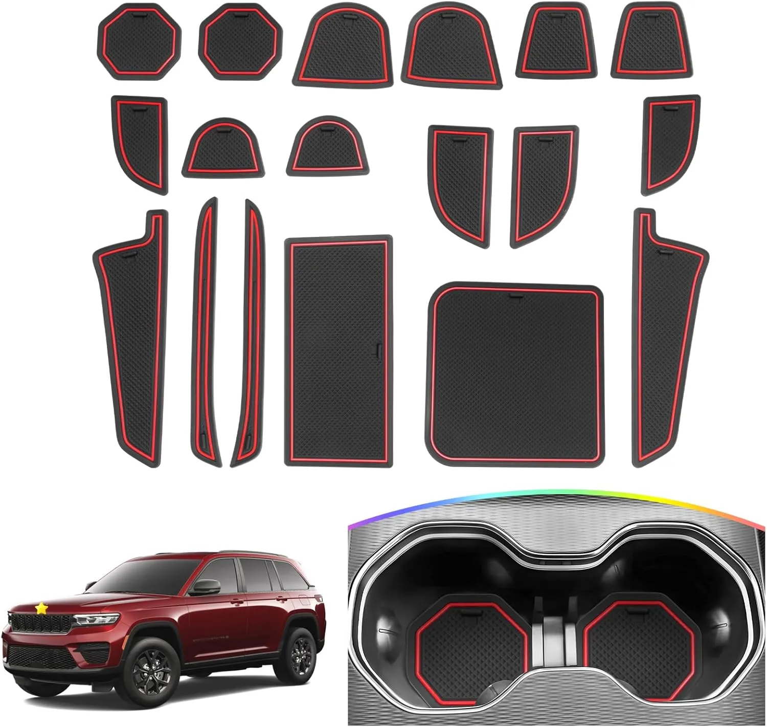 SKTU Door Slot Mat for 2022 2023 2024 2025 Jeep Grand Cherokee L Summit 4x4 Door Groove Gate Pad 18Pcs Fit 2022-2025 Grand Cherokee Accessories Door Compartment Cup Center Console Liners (2-Row Red)