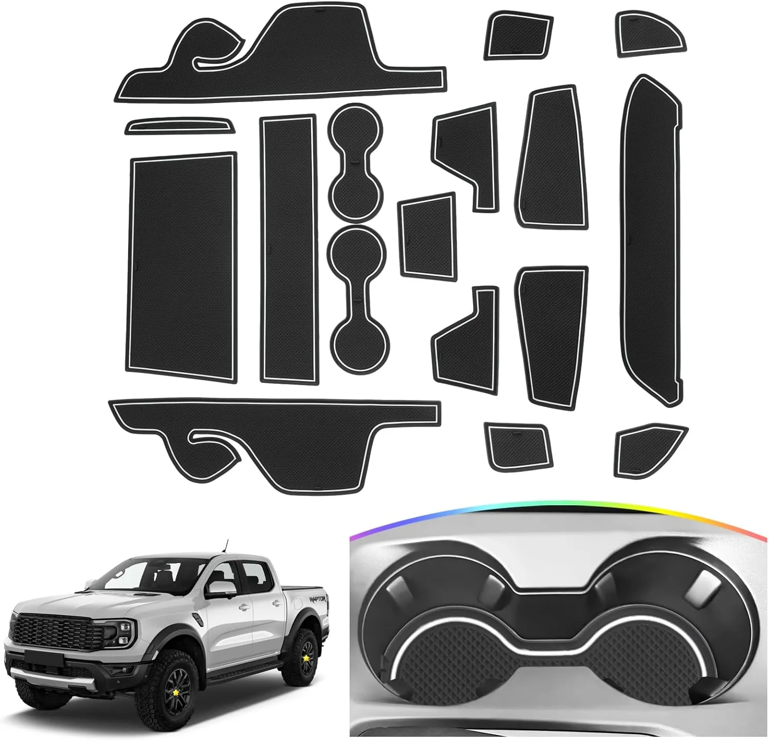 SKTU Door Slot Mat for 2024 2025 Ford Ranger Door Groove Gate Pad Ford Ranger 2024 2025 Accessories Fit 2024 2025 Ranger (XL/XLT/LARIAT/Raptor) Door Compartment Cup Center Console Liners (17Pcs White)