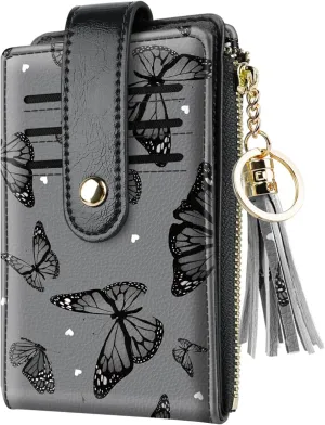 Slim Card Holder Wallet for Women RFID Blocking Leather Multi Card Bifold Wallet with Tassel Zipper Coin Pocket,Black Butterflies