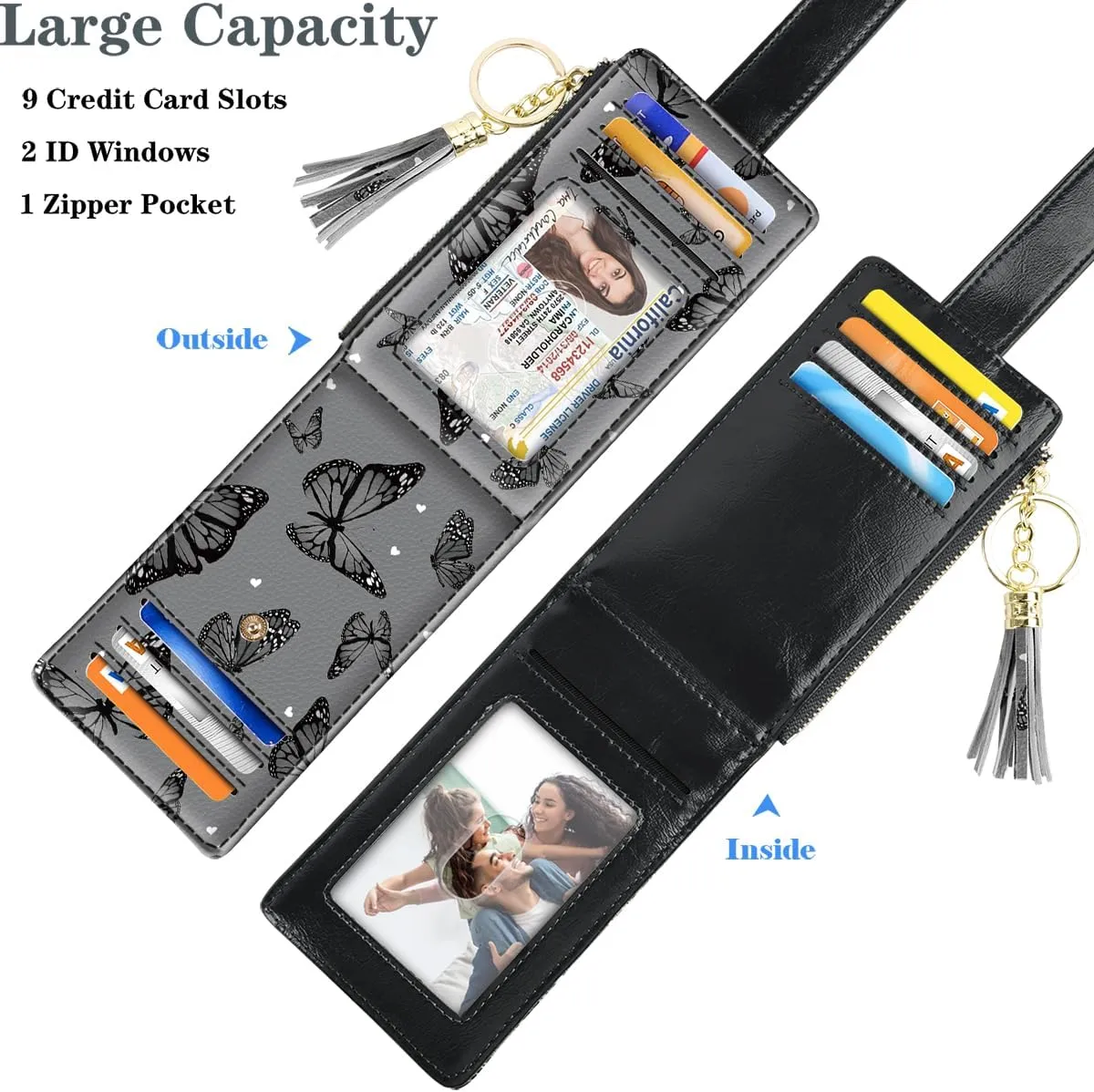 Slim Card Holder Wallet for Women RFID Blocking Leather Multi Card Bifold Wallet with Tassel Zipper Coin Pocket,Black Butterflies