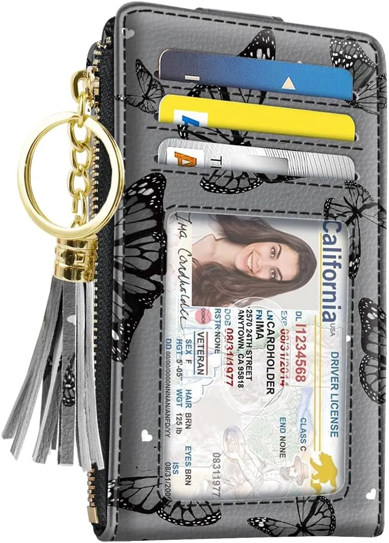 Slim Card Holder Wallet for Women RFID Blocking Leather Multi Card Bifold Wallet with Tassel Zipper Coin Pocket,Black Butterflies