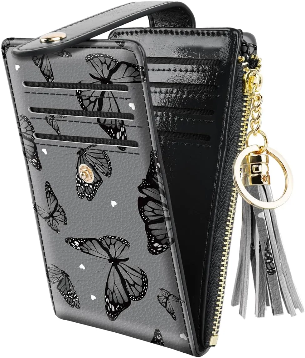 Slim Card Holder Wallet for Women RFID Blocking Leather Multi Card Bifold Wallet with Tassel Zipper Coin Pocket,Black Butterflies