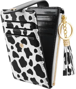 Slim Card Holder Wallet for Women RFID Blocking Leather Multi Card Bifold Wallet with Tassel Zipper Coin Pocket,Cow
