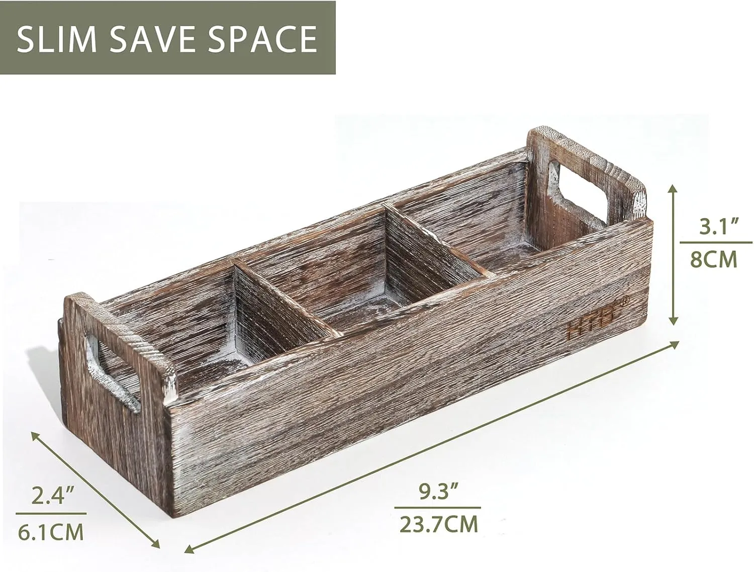 Slim Tea Bag Organizer by HTB, 3 Compartments Tea Box Wooden with Handle for Small Space, Antique-White Wood Tea Organizer for Tea Bags Lightweight Paulownia Wood
