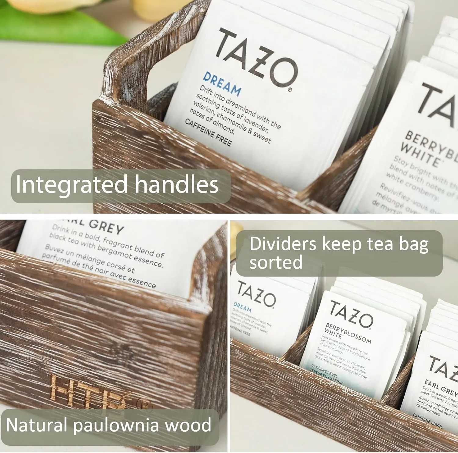 Slim Tea Bag Organizer by HTB, 3 Compartments Tea Box Wooden with Handle for Small Space, Antique-White Wood Tea Organizer for Tea Bags Lightweight Paulownia Wood