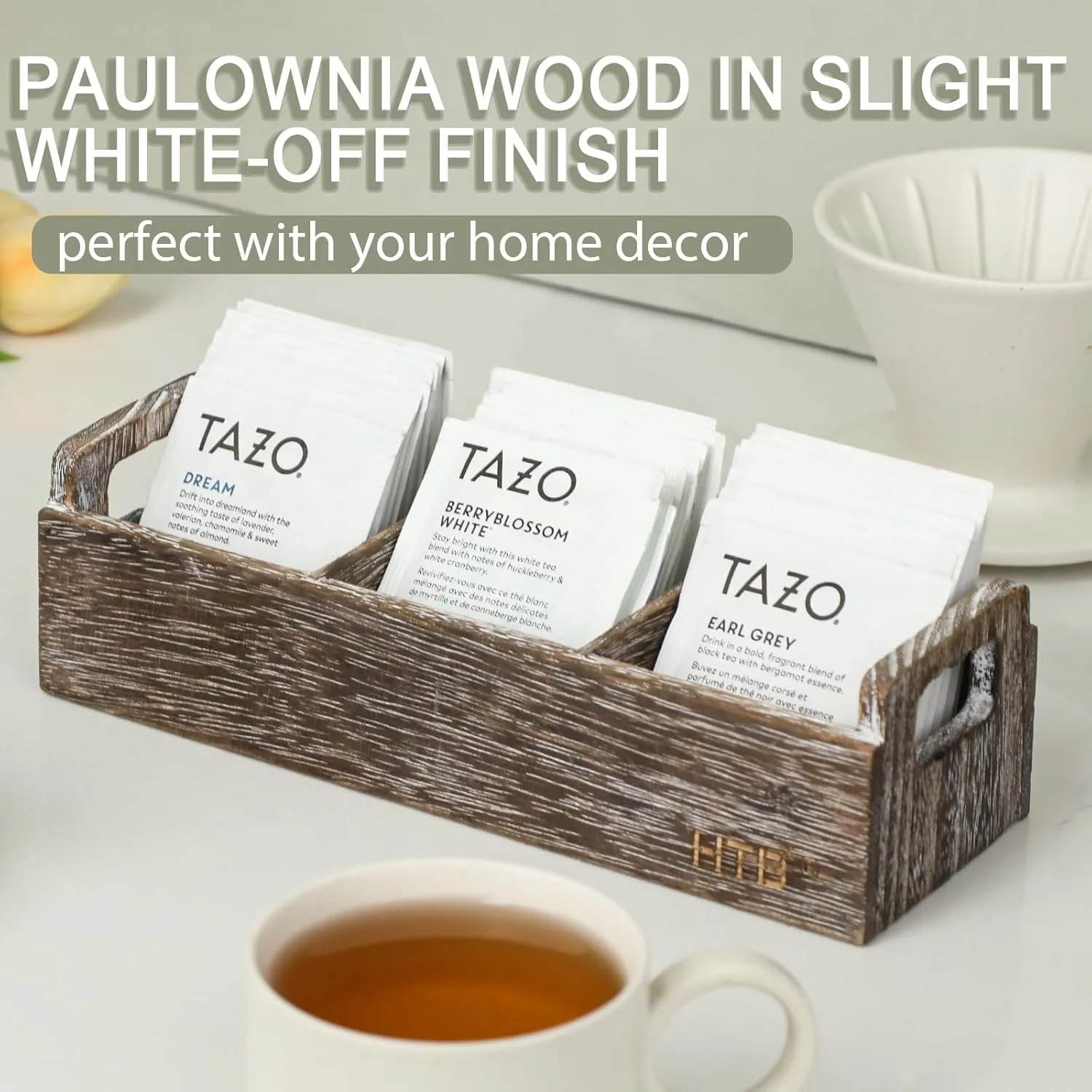 Slim Tea Bag Organizer by HTB, 3 Compartments Tea Box Wooden with Handle for Small Space, Antique-White Wood Tea Organizer for Tea Bags Lightweight Paulownia Wood
