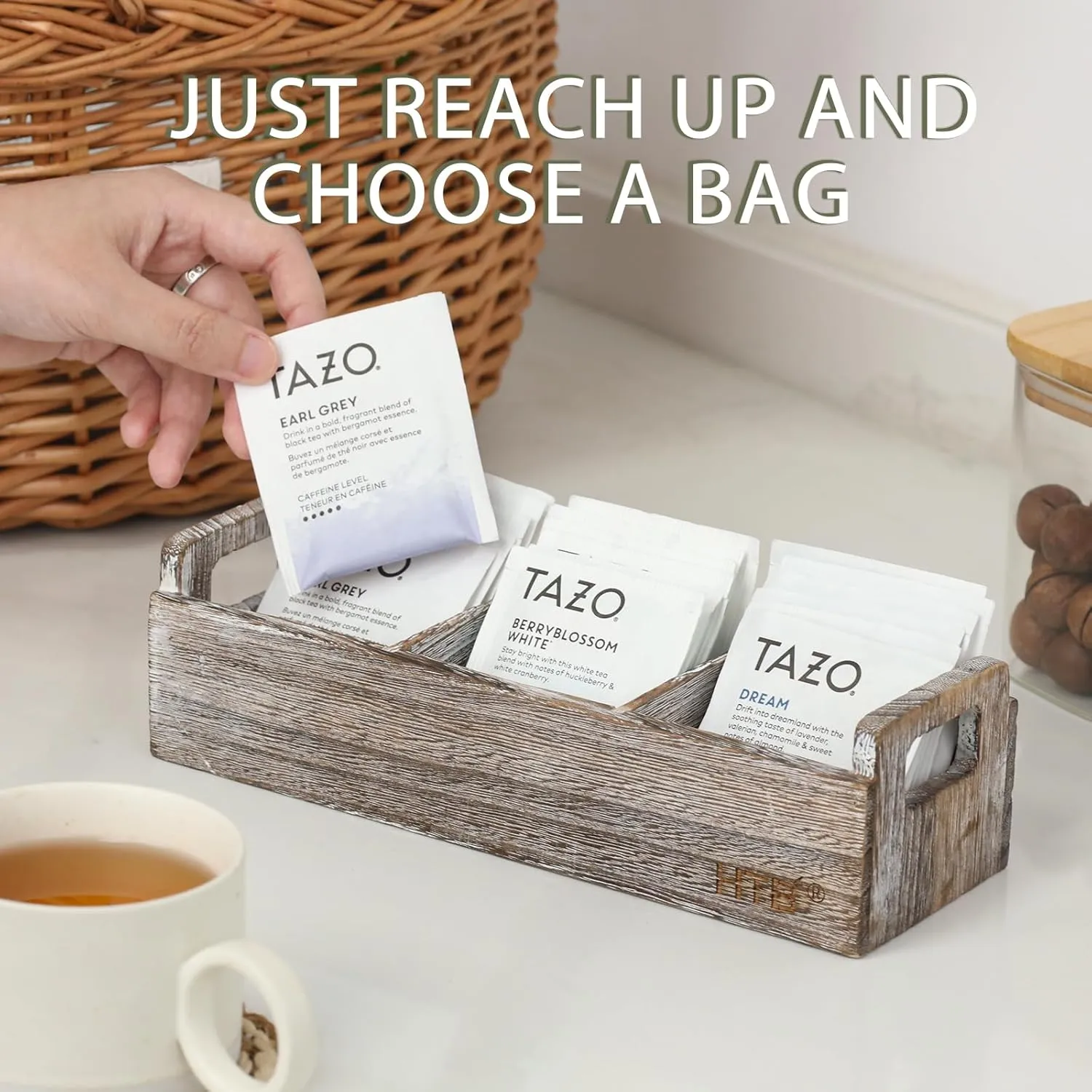 Slim Tea Bag Organizer by HTB, 3 Compartments Tea Box Wooden with Handle for Small Space, Antique-White Wood Tea Organizer for Tea Bags Lightweight Paulownia Wood